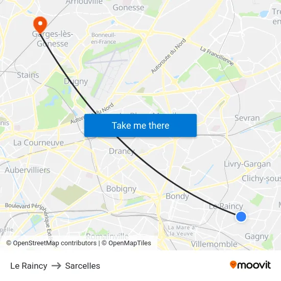 Le Raincy to Sarcelles map
