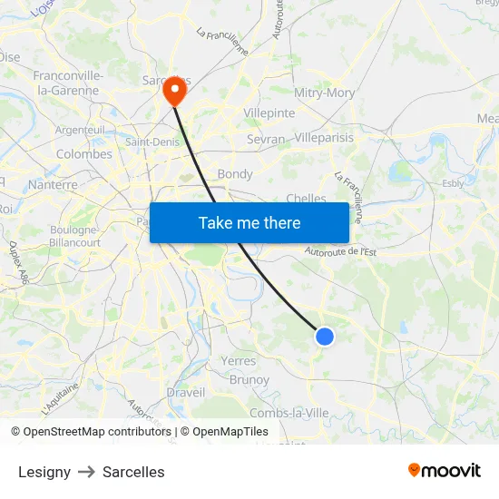 Lesigny to Sarcelles map