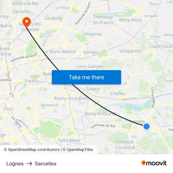 Lognes to Sarcelles map