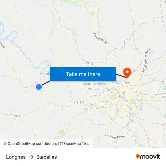 Longnes to Sarcelles map