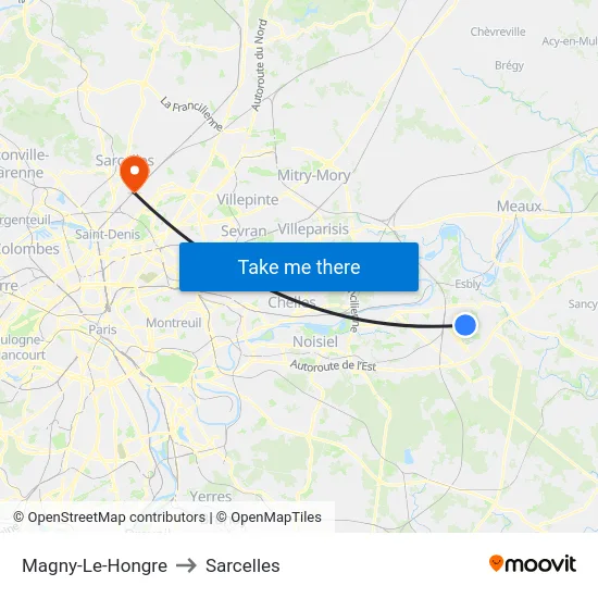 Magny-Le-Hongre to Sarcelles map
