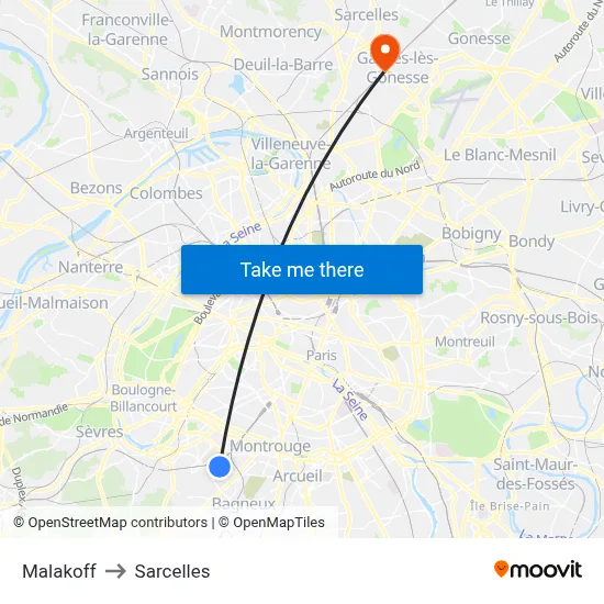 Malakoff to Sarcelles map