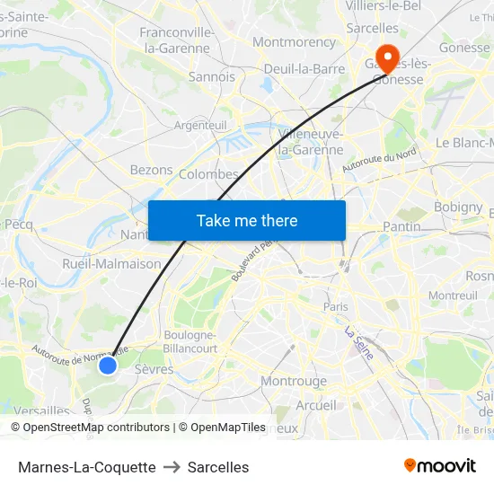 Marnes-La-Coquette to Sarcelles map