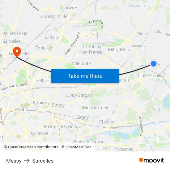 Messy to Sarcelles map