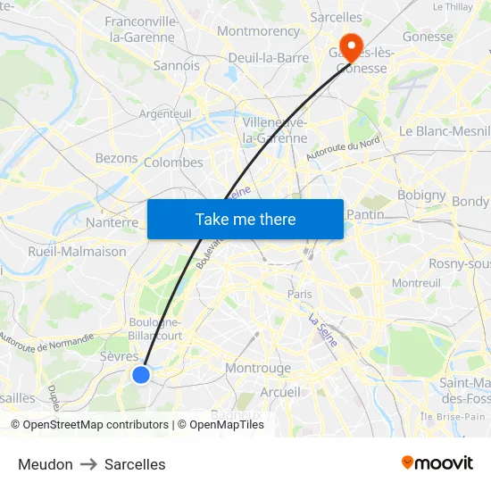 Meudon to Sarcelles map