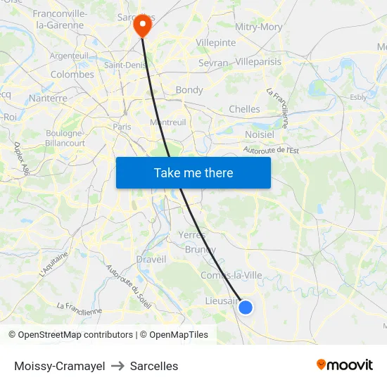 Moissy-Cramayel to Sarcelles map