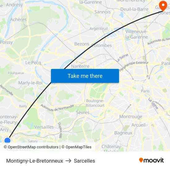 Montigny-Le-Bretonneux to Sarcelles map