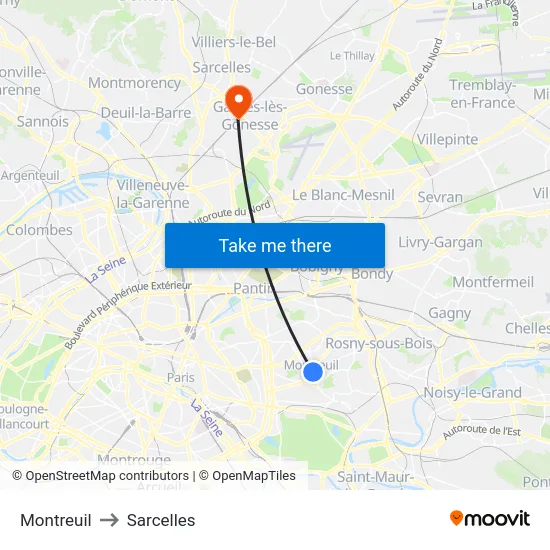 Montreuil to Sarcelles map
