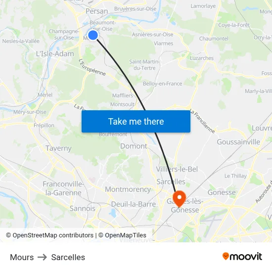 Mours to Sarcelles map