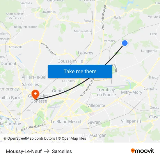 Moussy-Le-Neuf to Sarcelles map