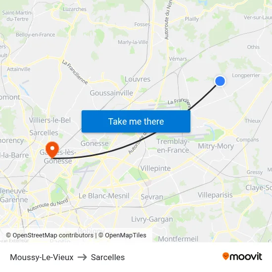 Moussy-Le-Vieux to Sarcelles map