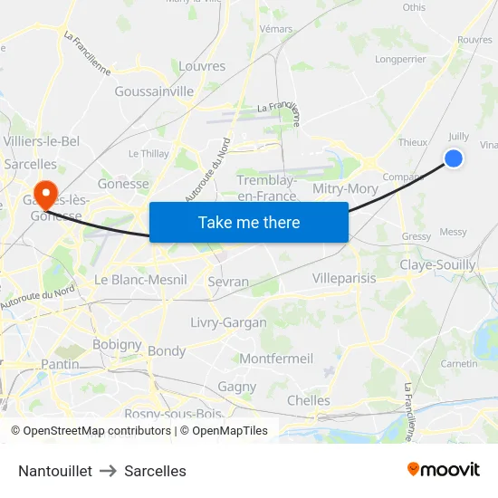 Nantouillet to Sarcelles map