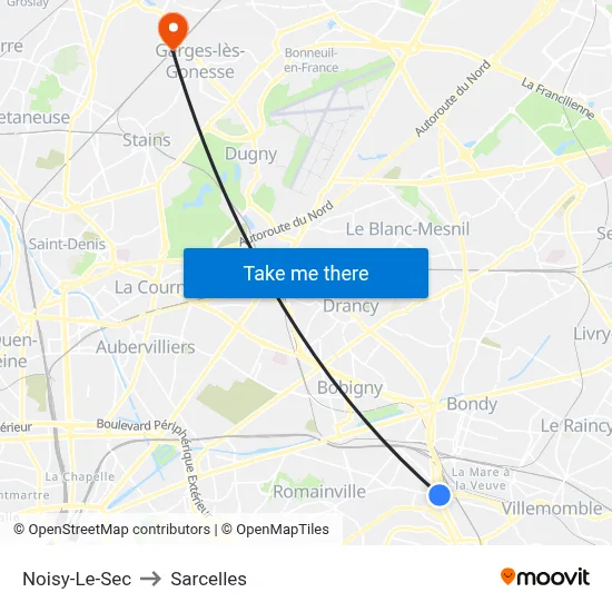 Noisy-Le-Sec to Sarcelles map