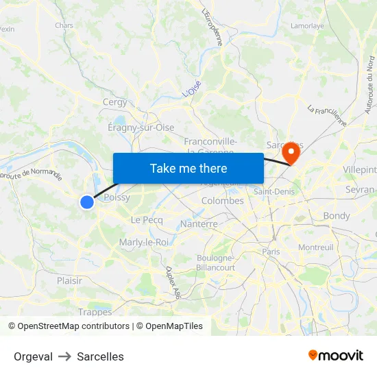 Orgeval to Sarcelles map