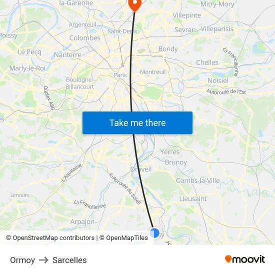 Ormoy to Sarcelles map