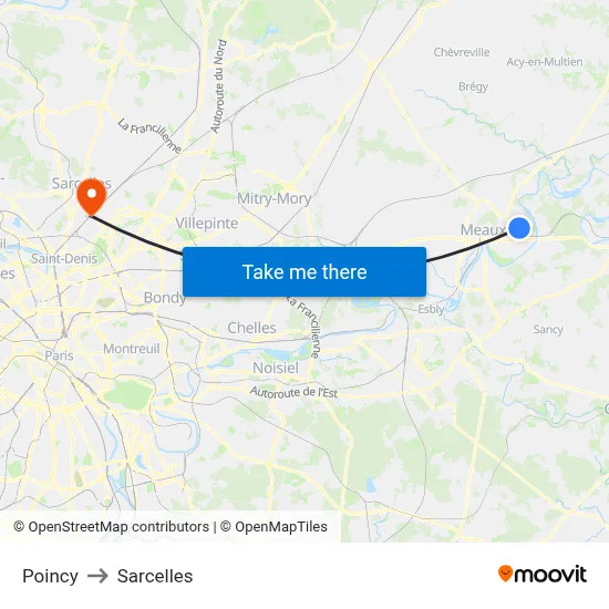 Poincy to Sarcelles map
