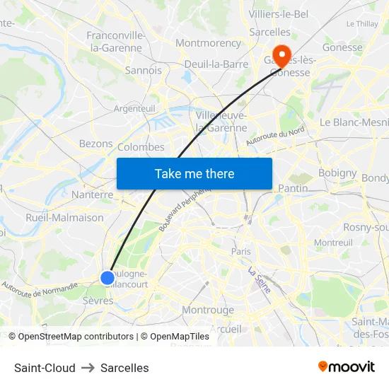 Saint-Cloud to Sarcelles map
