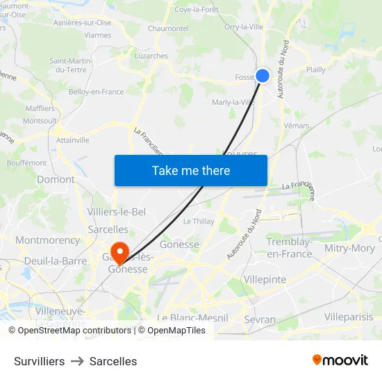 Survilliers to Sarcelles map