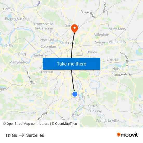 Thiais to Sarcelles map