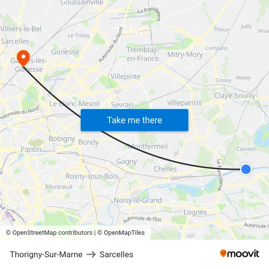 Thorigny-Sur-Marne to Sarcelles map