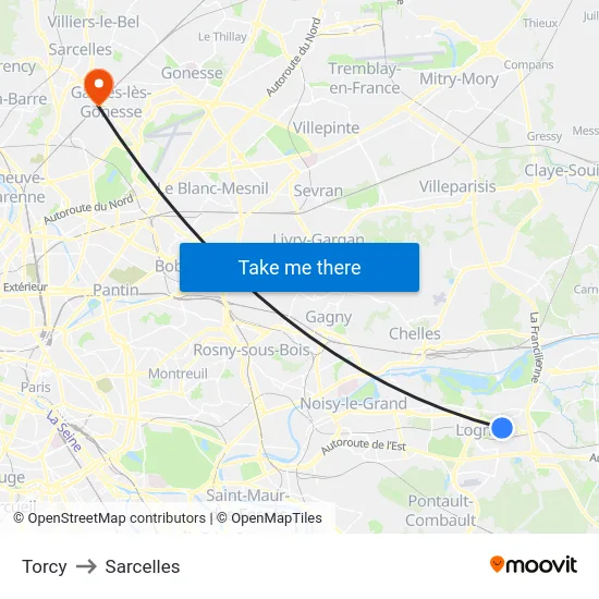 Torcy to Sarcelles map