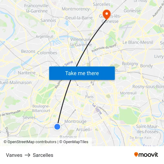 Vanves to Sarcelles map