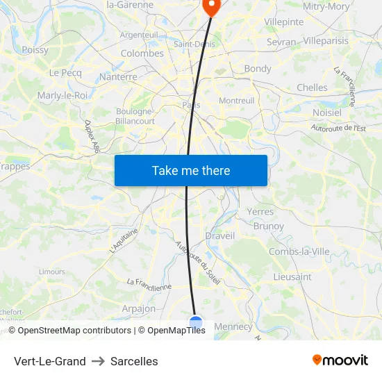 Vert-Le-Grand to Sarcelles map