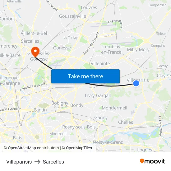 Villeparisis to Sarcelles map