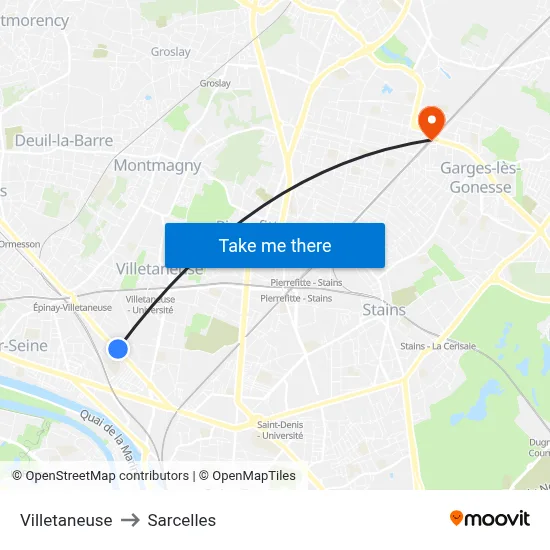 Villetaneuse to Sarcelles map