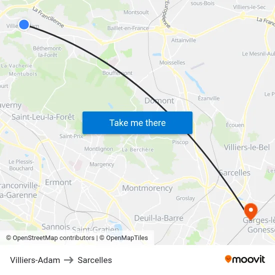 Villiers-Adam to Sarcelles map