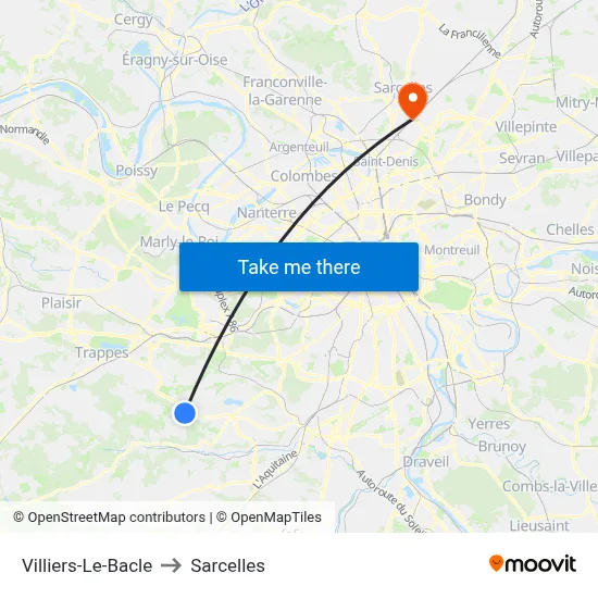 Villiers-Le-Bacle to Sarcelles map