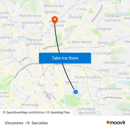Vincennes to Sarcelles map