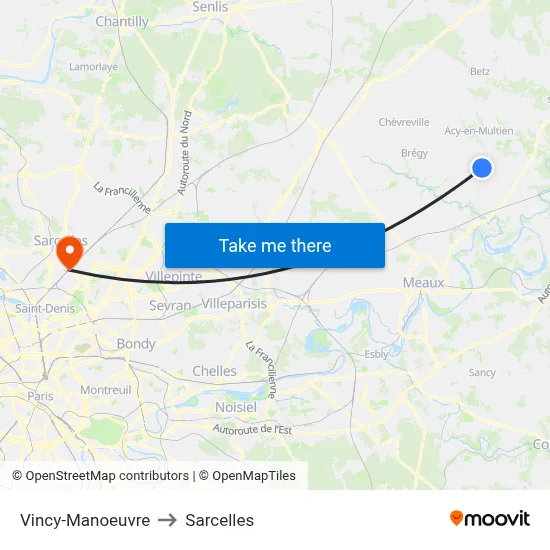 Vincy-Manoeuvre to Sarcelles map
