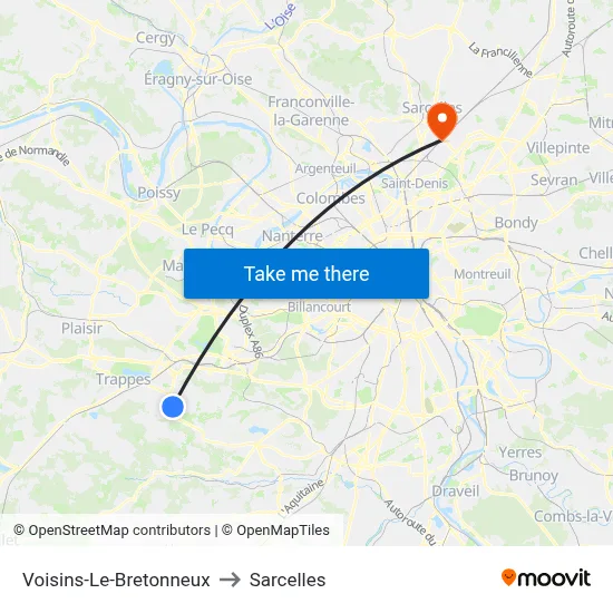 Voisins-Le-Bretonneux to Sarcelles map