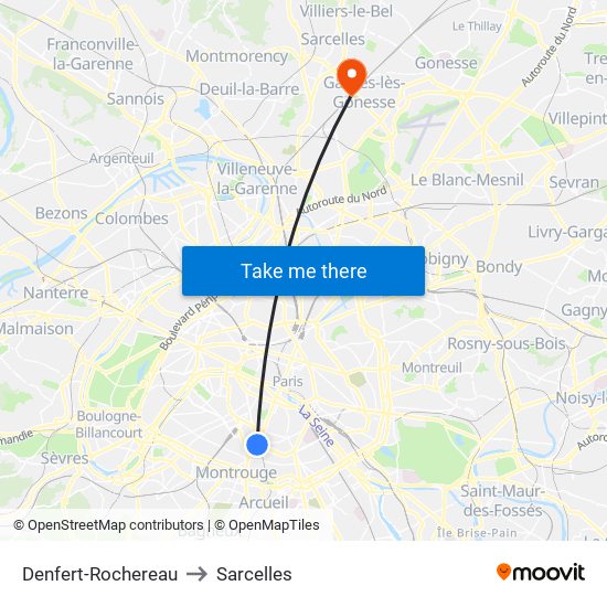Denfert-Rochereau to Sarcelles map