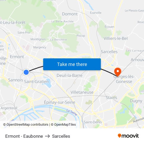 Ermont - Eaubonne to Sarcelles map