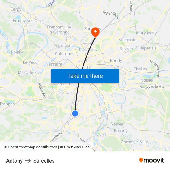 Antony to Sarcelles map