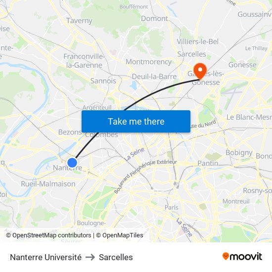 Nanterre Université to Sarcelles map