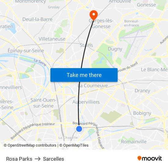 Rosa Parks to Sarcelles map