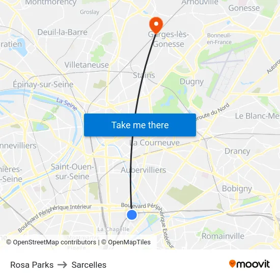 Rosa Parks to Sarcelles map
