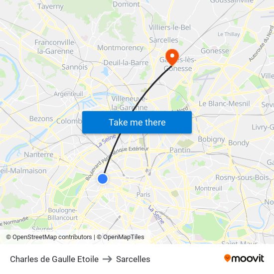 Charles de Gaulle Etoile to Sarcelles map