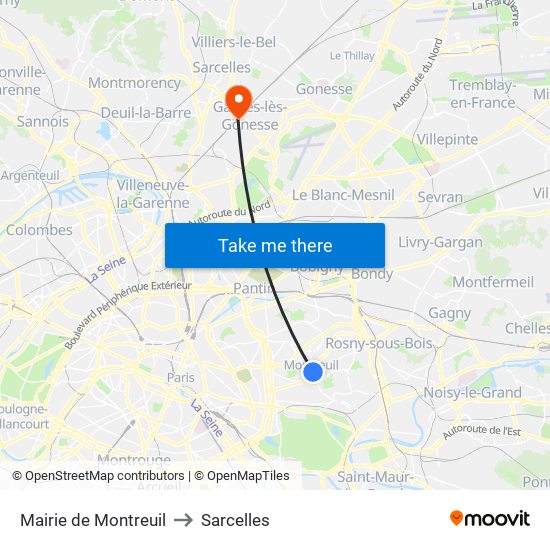 Mairie de Montreuil to Sarcelles map