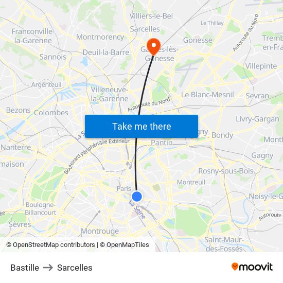 Bastille to Sarcelles map