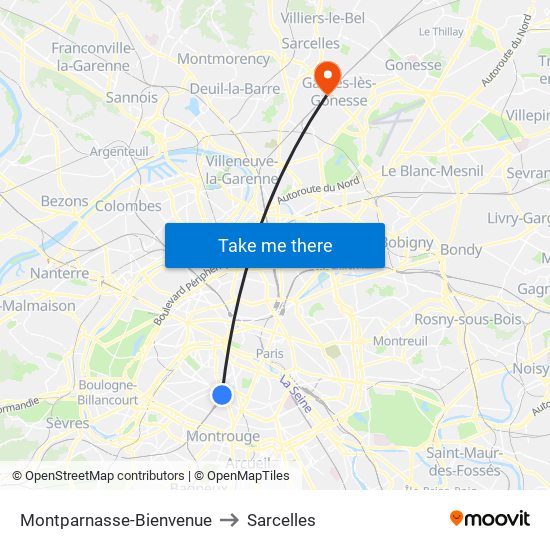 Montparnasse-Bienvenue to Sarcelles map