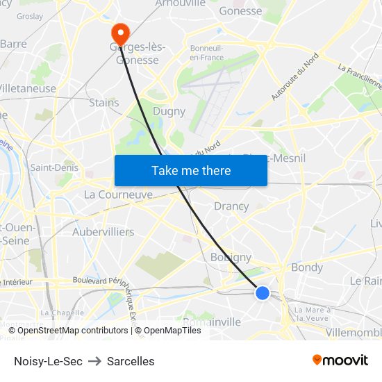 Noisy-Le-Sec to Sarcelles map