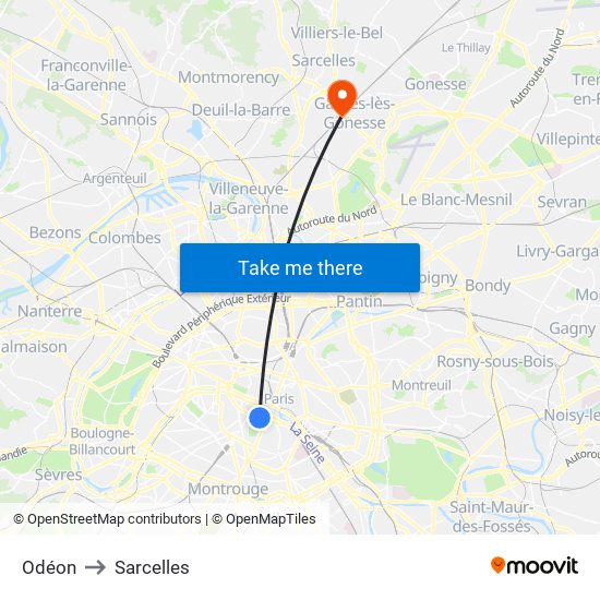 Odéon to Sarcelles map