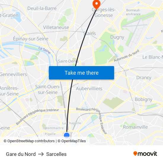 Gare du Nord to Sarcelles map