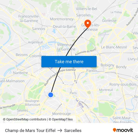 Champ de Mars Tour Eiffel to Sarcelles map