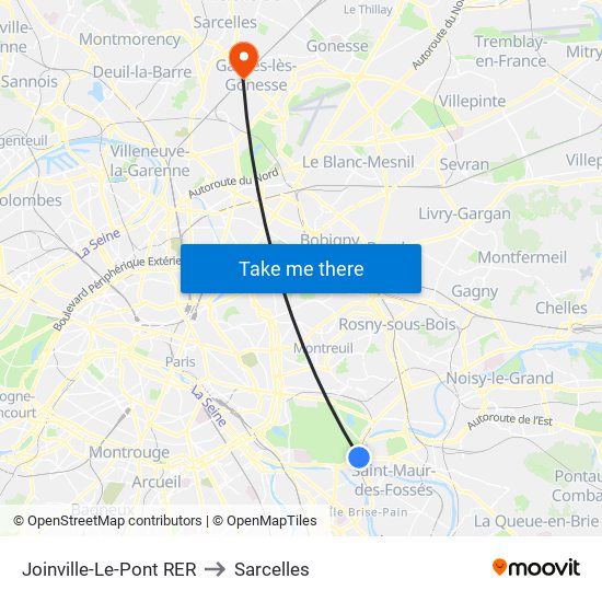 Joinville-Le-Pont RER to Sarcelles map