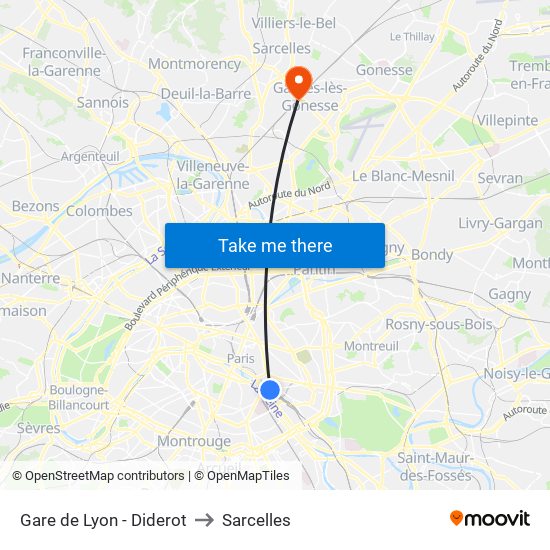 Gare de Lyon - Diderot to Sarcelles map